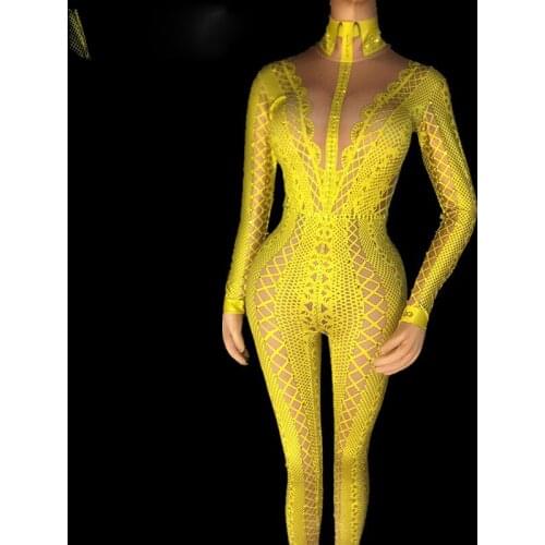 Yellow Black White Printed Rhinestones Jumpsuit Stretch One Piece Nightclub Singer Dancer Womens Party Wear Sexy Bodysuit