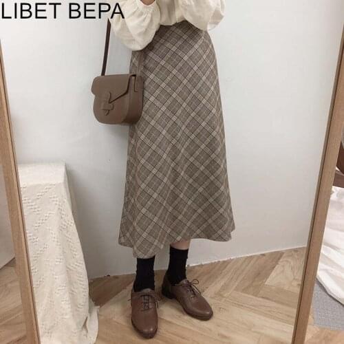 New 2021 Spring Women Fashionable Casual Lady Korean Style Empire Vintage Plaid High Waist Female Wild A-line Long Skirt SK6136