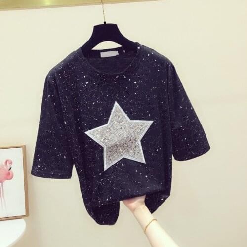 Fashion Star Women T-shirts 2021 Summer New O-neck Short-sleeved Loose Sequined Lady Elegant Tops Tees Top Quality