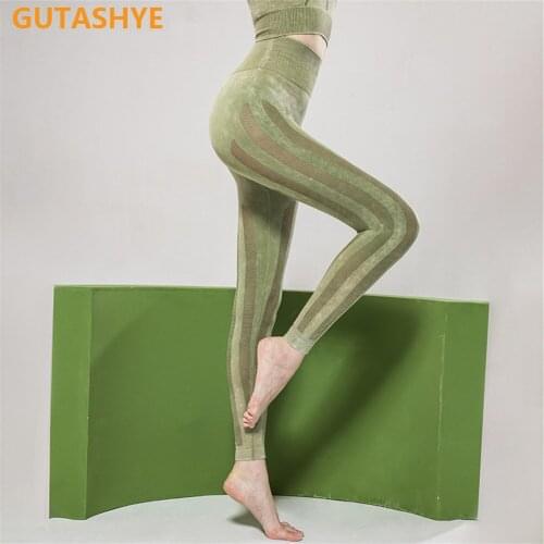 GUTASHYE High Waist Yoga Leggings Women Push Up Gym Leggings Hollow Out Breathable Stripe Seamless Legging Fitness Sport Pants