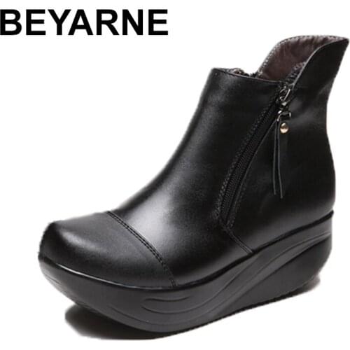BEYARNE New Women Snow Boots Platform Genuine Leather Winter Womens Shoes Lace Up Fur Boots Black Warm Ankle Boots
