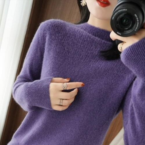 2021 autumn and winter new half high neck woolen sweater women 100% pure wool loose solid color large size knitted sweater