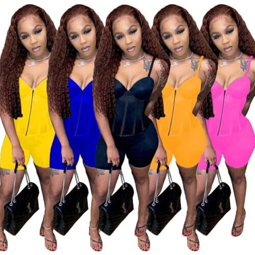 Sexy Zipper Corset Top Sets 2 Pieces Tracksuit Women Spaghetti Strap V Neck Crop Top and Biker Shorts 2021 Summer Solid Clothes