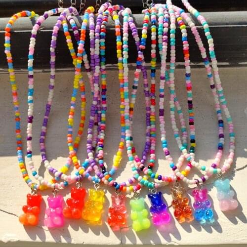 New Boho Summer Rainbow Color Gummy Bear Pendant Necklace for Women Colorful Acrylic Rice Beads Beaded Necklace Handmade Jewelry