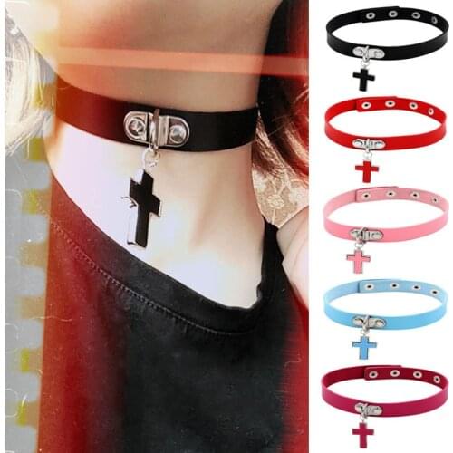 Punk Gothic Black Pu Leather Heart Cross Round Choker Necklace For Women Spike Rivet Neck Jewelry Chocker Collar Necklaces