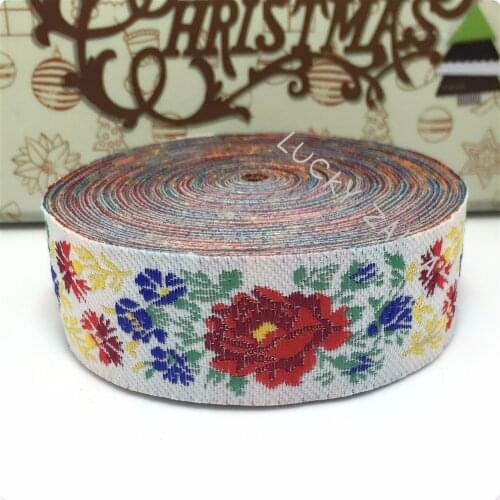 10yards/lot 1'' 25mm 100%Polyester Woven Jacquard Ribbon red peony flower lace MZ15073006