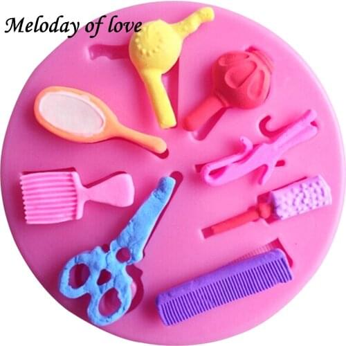3D Scissors Hair Tools comb Silicone Mold Hair dryer chocolate candy cake mould fondant cake decorating tools T0145
