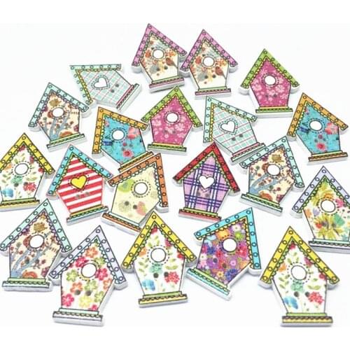 50pcs 21x25mm Mixed Wooden 2 Holes Christmas House Shaped Buttons Sewing DIY Xmas Embellishments Cardmaking Accessories