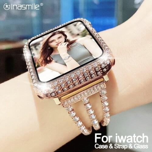 Diamond Case+strap For Apple Watch band 40mm 44mm 38mm 42mm Bumper Protective Cover For iWatch Series 6 5 4 3 2 se accessories
