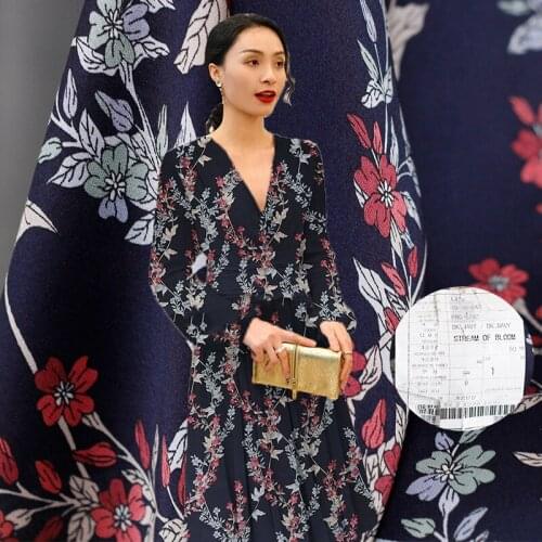 Whitewaxberry Korean NavyBlue Flower Printed Satin Chiffon Fabrics Materials Autumn Women Dress Sewing Cloth Tailor Freeshipping