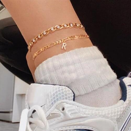 Gold Color Customized Initials Letters Figaro Anklet Chain For Women Crystal 26 Alphabet Charms Anklets Bracelets Jewelry Gifts