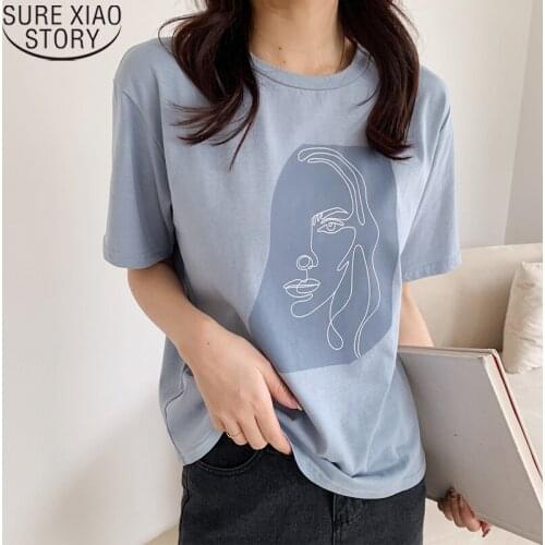 Summer 2020 Abstract Human Face Printed Women T-shirt Fashion Short Sleeve Women Tops White Tees Round-neck Female Tops 9947