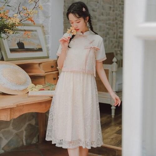 Kawaii Sweet Dress Women Vintage Hanfu Girl Lovely Lace Dress 2021 Summer Contrast Stitching Bow Cute Dresses Fairy Dress Kimono