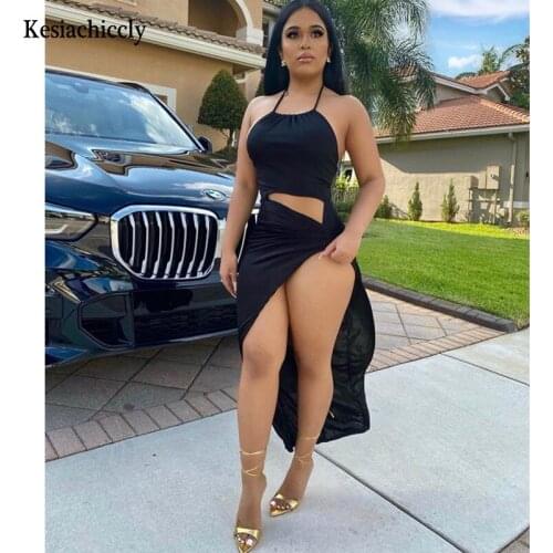 Kesiachiccly Black Maxi Dresses Women Sleeveless Side Hollow Out Tie Up Summer Party Club Long Dress High Split Sexy Dress 2021