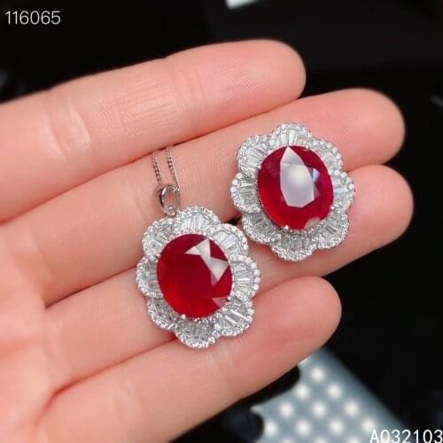 KJJEAXCMY fine jewelry 925 sterling silver inlaid natural ruby Girls' popular Flowers and big gem ring pendant set support test