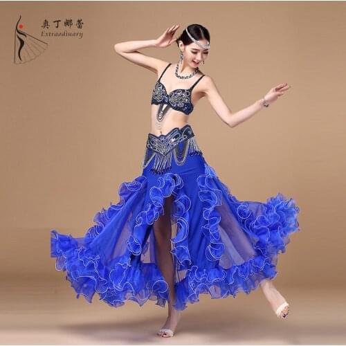 Belly Dance Costume Suit Embroidered Bra peacock tail slit skirt costume include bra waist belt and skirt