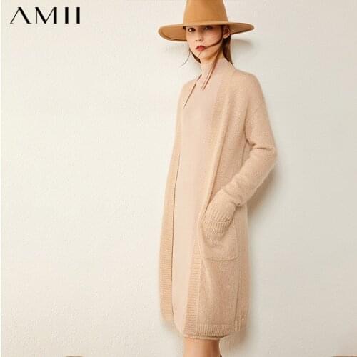 Amii Minimalism Winter Suits For Women Fashion Causal Solid Oneck Calf-length Sweater Dress Female Jacket Kniited Coat 12030298