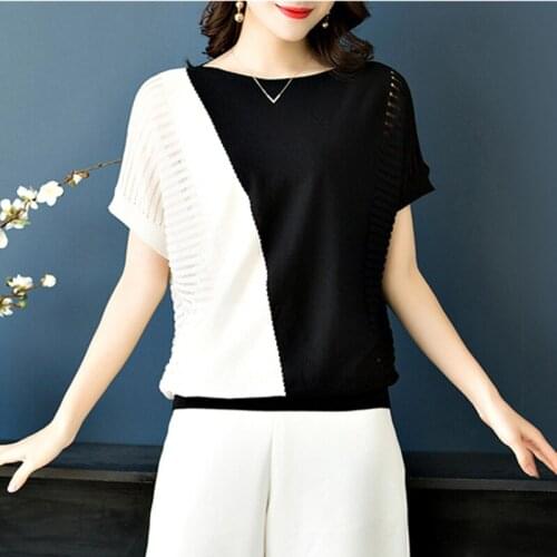 LJSXLS Summer Hollow Out O-Neck Knitted Womens Sweater Contrast Color Short Sleeve Sweter Mujer Loose Batwing Sleeve Top Female