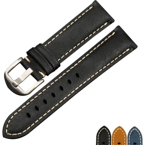 PSTARY 20MM 22MM 24MM Handmade Black Brown Blue Genuine Leather Watchband Frosted Watch Strap Mens Watch Strap