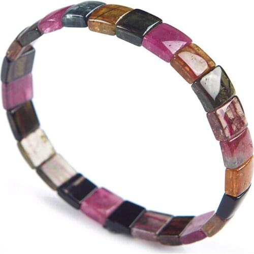 Genuine Natural Crystal Rectangle Beads Colorful Tourmaline Stone Fashion Stretch Bracelet 9*8*4mm