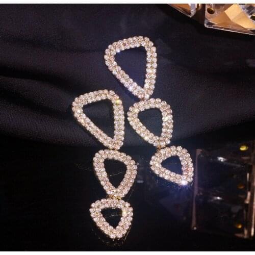 New Arrival Crystal Long Drop Earrings for Women Shiny Geometric Triangle Shape Rhinestone Dangle Earrings Wedding Jewelry Gifts