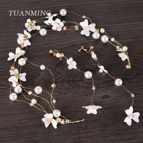 2pcs White Flower Handmade Wedding Hair Jewelry Bride Pearl Crystal Hair Accessories For Women Hairbands Earring Sets Headbands