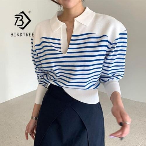 Autumn New Women Puff Sleeve V-Neck Striped White Knitted Sweater Office Lady Elegant Tops Fall Winter Pullovers For Female
