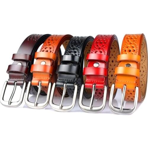 Genuine Leather Women Belts Second Layer Cowskin Hollow Flower Belt Vintage Pin Buckle Strap Fashion Jeans Accessories New 2020