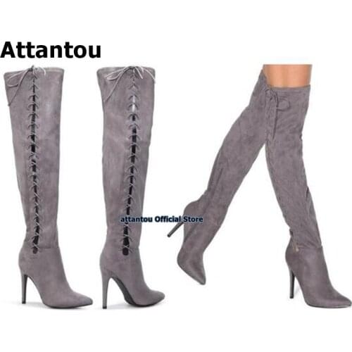 Lace Up Grey Suede Leather Thigh High Long Boots Women Cut-out Cross-tied Gladiator Over Knee Boots High Heel Shoes