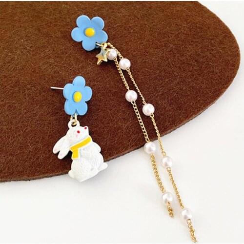 Cute Rabbit Drop Earrings Long Pearls Tassel Women Dangle Lovely Flower Blue Brown Color Clip Earring Female Jewelry Accessories