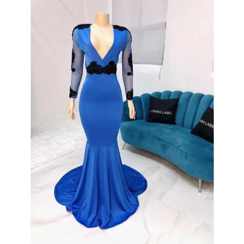 Spandex Appliques Mermaid Prom Dresses Long 2021 V Neck Backless Long Sleeve Formal Evening Dress Robe De Soiree