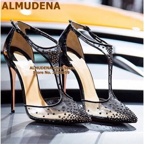 ALMUDENA Black Crystal Mesh Dress Shoes Pointed Toe Diamond Embellished Gladiator Pumps Thin High Heel T-strap Summer Footwear