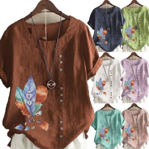 Womens Summer New Fashion Casual Round Neck Short Sleeve T-shirt Printing Linen Shirt Tops Loose Blouse S-5XL