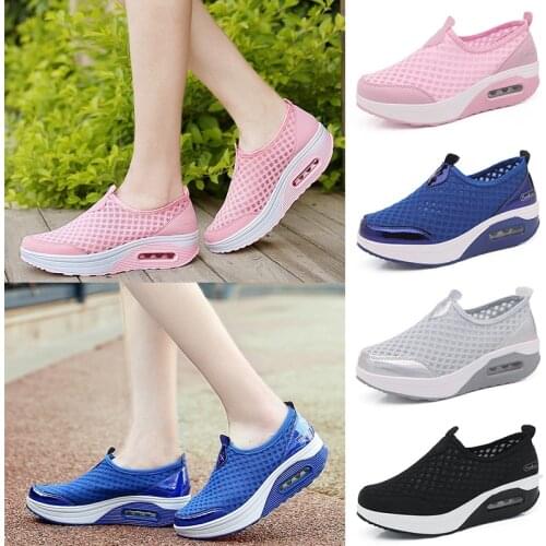 Womens Mesh Toning Wedges Platform Shoes Slip On Breathable Height Increasing Loss Weight Swing Shoes Big Size 35-42