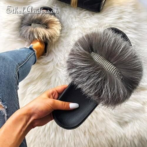 Womens Real Furry Fox Fur Slides Raccoon Flip Flops Crystal Decoration Female Slippers Outdoor Footwear Famous Brand Shoes