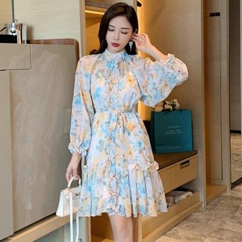 Ruffles Stand Neck Silk Dress Women Lantern Sleeve Floral Mini Dress Party Single Breasted Lace Up Spring Autumn Vintage B463