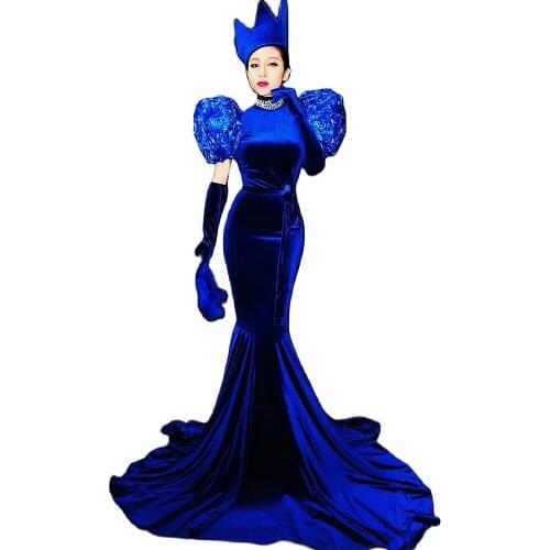 Fashion Blue Velvet Long Tailing Dress Skinny Stretch Women Dress Birthday Celebrate Party Costume Nightclub Singer Dance Wear
