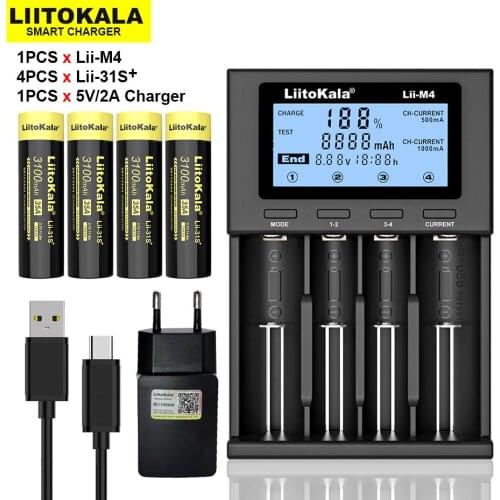 4PCS New LiitoKala Lii-31S 18650 Battery 3.7V Li-ion 3100mA 35A Power Battery For high Drain Devices.+Lii-M4 Charger 5V 2A
