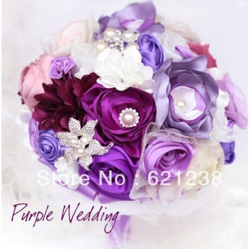 EMS Free Shipping,Purple & White Wedding Bride holding flowers customized jewelry Korean lace fabric flower bridesmaid bouquets