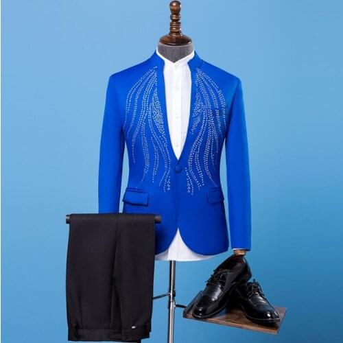 Blazer men formal dress latest coat pant designs marriage suit men stand collar hot drilling wedding suits for mens blue 2XL