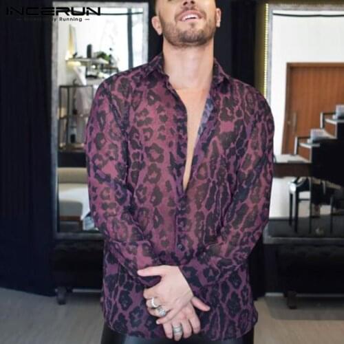INCERUN Fashion Men Mesh Shirt Leopard Print Streetwear Long Sleeve Lapel See Through Blouse Breathable Sexy Party Camisas S-5XL
