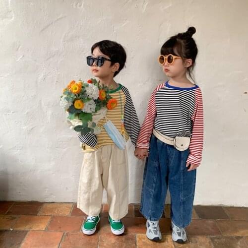 Childrens T-shirt 2021 Autumn New Boys and Girls' Simple Stripe Patchwork T-shirt Childrens Casual Long Sleeve Round Neck Top