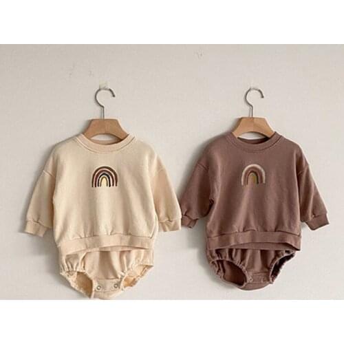 Baby Romper 2020 Autumn New Baby Boys Girls Cute Round Neck Long Sleeve Pullover Rainbow Print Sweater + Short Pants 2pcs Suit