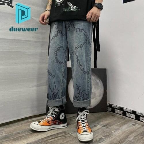 DUEWEER Mens Straight Jeans Spring Summer Graffiti Print Wide Leg Trousers Baggy Casual Plus Size High Waist Jeans Denim Pants