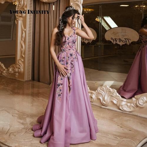 Elegant Purple A Line Long Evening Dress 2020 Formal Prom Gown One Shoulder Flower Lace Applique Side Slit Backless Gala Gown