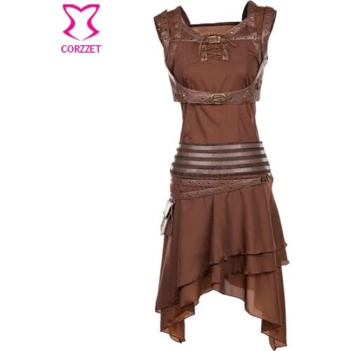 Gothic Brown Punk Armor Costume Set Steampunk PU Leather Rivet Chest Bundle Strap+Sleeveless Top+Skirt Sexy Corset Accessories