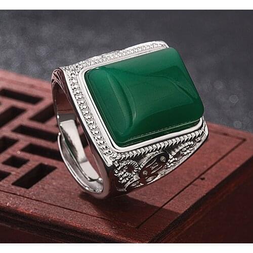 Big vintage carving emerald green jade rings for men white silver color jewelry bague masculine Arabia ring turkey accessories