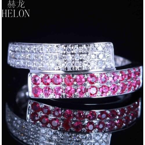 HELON Solid 14K White Gold 0.6ct Genuine Natural Diamond & Rubies Engagement Ring Wedding Anniversary Ring Women Fine Jewelry