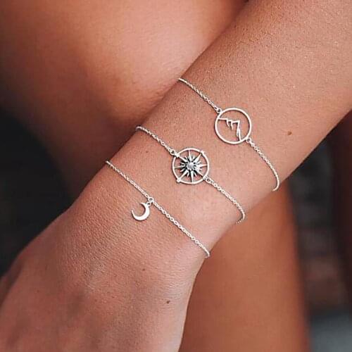 Boho Retro Cross-border Bohemian National Wind Moon Six-pointed Star Round Alloy Mountain Bracelet 3Pcs/Set