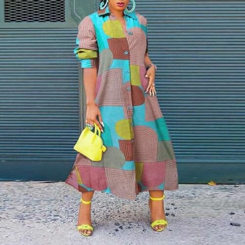 Autumn Vintage Long Maxi Dress 2021 VONDA Women Casual Lapel Collar Button Up Printed Party Dress Femme Robe Casual Vestidos